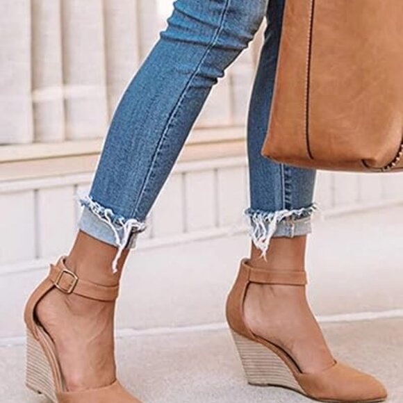 Women's Nude Ankle Buckle Strap D'Orsay Pointed Toe Wedges, Size 6 - Picture 10 of 10